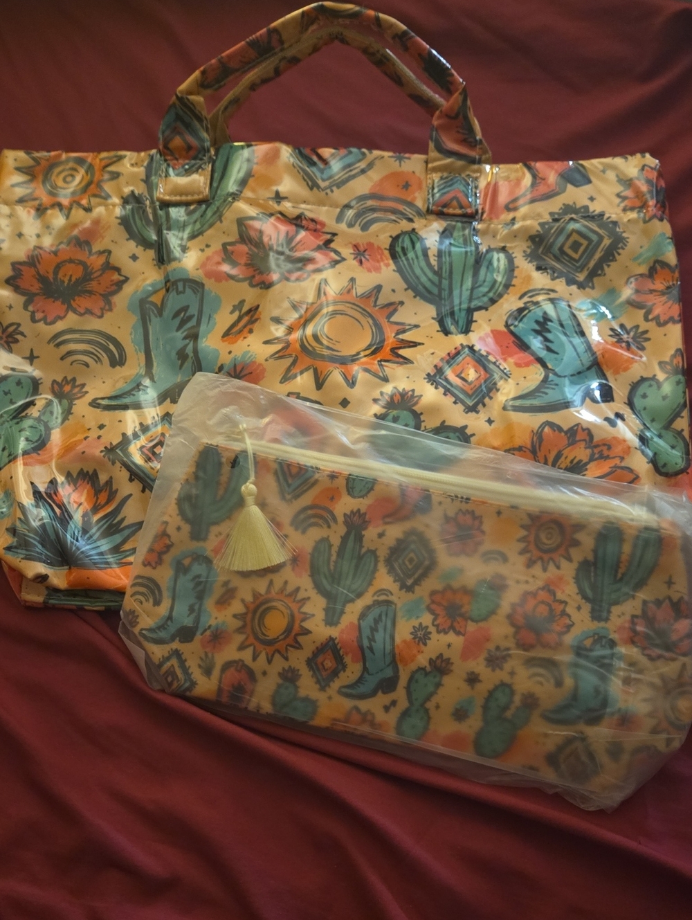 Western Cactus & Sun Patterned Tote and Pouch - Orange/Green